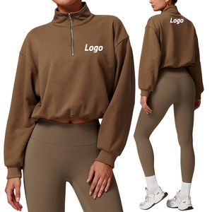 Women's Oversized Cropped Fleece Sweatshirt With Zipper <b>Stand</b> Collar <b>Drop</b>-Shoulder Long Sleeve - Product Image 3