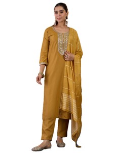 Women's Mustard Cotton Salwar Kameez Set With Embroidered Neckline And Dupatta Casual Traditional Wear India Pakistan Style - Product Image 2