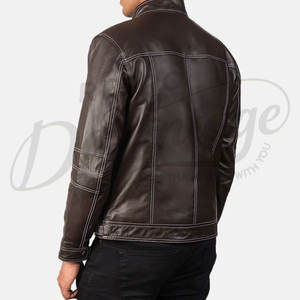 Veste en cuir véritable marron foncé pour homme, style motard, coupe ajustée, avec surpiqûres blanches contrastées, manteau d'hiver en cuir véritable - Product Image 2