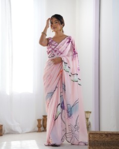Pink Digital Printed Heavy Chinnon Saree With Floral Design For Women <b>Wedding</b> Wear Print Work with Beautiful Kutchi Work Mirror - Product Image 1