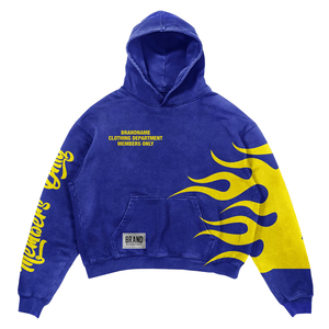 Sweat-shirt vintage personnalisé pour homme en tissu doux et respirant avec cagoule intégrée, coupe oversize, imprimé flamme bleu-jaune - Product Image 2