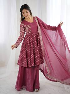 Costume Anarkali traditionnel indien pakistanais pour femmes, en coton, couleur marron, brodé, avec bordure dorée, coupe ample, longueur midi - Product Image 3
