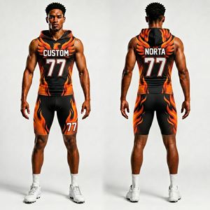 Ensemble d'uniformes de football 7v7 par sublimation flamme orange – Maillot sans manches à capuche personnalisé et short respirant en polyester – Tenues d'équipe - Product Image 1