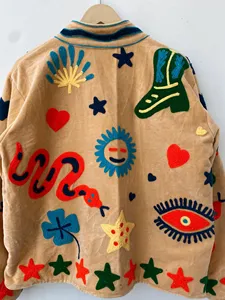 Chaqueta de Terciopelo Boho Hecha a Mano para Mujer, con Motivos Occidentales Coloridos Bordados, Cuello Alto, Manga Larga, Chaqueta de Primavera para Mujer - Product Image 4