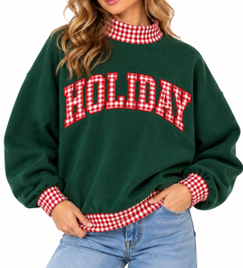 Sudadera de punto verde para mujer con cuello y puños de guinga roja, estampado de letras festivas, jersey de cuello alto, tops de invierno - Product Image 1