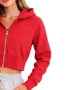 Womens <b>Cropped</b> Zip Up Hoodie <b>Red</b> Color Long Sleeve Hooded Sweatshirt Casual Streetwear Fitness Jacket Winter Fashion <b>Top</b> - Product Image 3