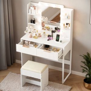 2-Drawer 4-Shelf Dressing <b>Table</b> Set <b>with</b> White Particleboard Melamine Finish 10 Three-Tone <b>Light</b> Bulbs Included <b>Makeup</b> Vanities - Product Image 1
