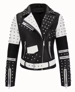 Blouson de moto en cuir véritable clouté pour femme, coupe ajustée de luxe, style punk rock, avec strass, respirant, pour café racer - Product Image 3