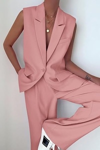 Women's Pink Sleeveless <b>Blazer</b> <b>Set</b> Loose Fit Wide Leg Pants Two Piece Suit Casual Spring Summer Solid Color Crepe Fabric - Product Image 6
