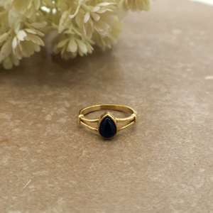 Boho Pear Black Onyx Brass <b>Ring</b> 14K Gold Plated <b>Split</b> Shank Unisex Minimalist Statement Jewelry - Product Image 1