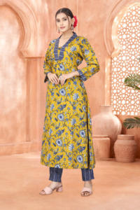 Conjunto de kurta amarillo estampado de alta demanda, marca Magic, cuello en V, fabricante de ropa ecológica para mujer - Product Image 4