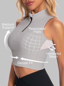 Haut de sport court sans manches pour femme avec fermeture éclair, col montant, respirant, en tricot gris, vêtement de sport actif printemps-été - Product Image 3