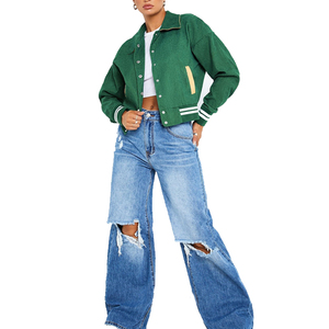 Chaqueta Clásica de Béisbol Varsity para Mujer, de Pana Bicolor, con Ribete a Rayas, Bolsillos Dobles, Manga Larga, para Actividades al Aire Libre - Product Image 5