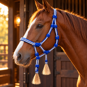 Harnais de cheval bleu Western avec franges |   Têtière équestre tressée et nouée pour l'entraînement, l'écurie et le ranch - Product Image 2