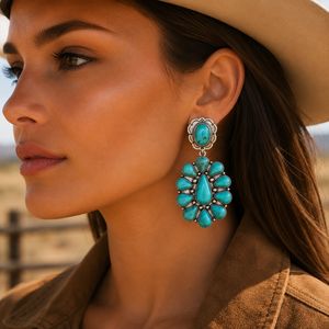 Boucles d'oreilles pendantes vintage en argent avec grappe de fleurs turquoise, style chrétien occidental, bijoux statement - Product Image 6