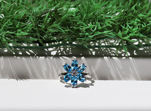 Natural Blue Topaz Flower Marquise-Cut Cluster <b>Statement</b> <b>Ring</b> In 925 Sterling Silver - Product Image 4