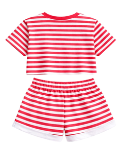 Ensemble décontracté d'été deux pièces pour femme : crop top rayé multicolore et short, taille élastique, tenue de détente, streetwear, OEM - Product Image 4