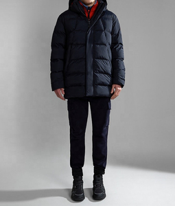 Men's Blue Hooded Long Puffer Jacket Windproof <b>Down</b> Filled Casual Winter Coat with Zipper Closure and Logo on Left Sleeve - Product Image 2