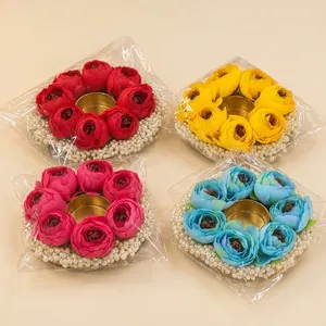Handmade Round Beaded <b>Tea</b> <b>Light</b> <b>Holder</b> with Yellow Flowers and Pearl Trim for Home Decoration - Product Image 6
