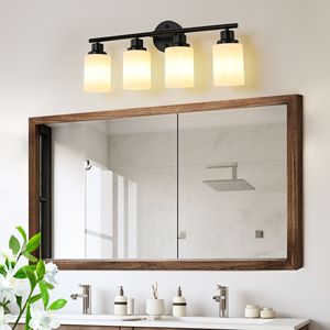 Specchio da Bagno Moderno a 4 Luci da 24 Pollici con Vetro Smerigliato Bianco e Cornice in Ferro Nero, Applique da Parete Contemporanea per Camera da Letto - Product Image 2