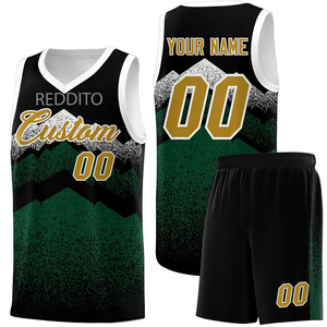 Ensemble de maillots de basket-ball d'été personnalisés Reddito Sports pour hommes, col montant, tricoté, impression numérique, vert, noir, or, 00 devant - Product Image 1