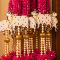 Rangkaian Bunga Marigold Kuning Plastik Buatan India Ringan Buatan Tangan, Hiasan Gantung Pichwai Cow Cutout Mutiara