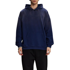 Sudadera con Capucha Azul Marino Oversize para Hombre, de Algodón y Felpa, Color Liso, con Bolsillos, Ajuste Regular, Diseño Desgastado, Ecológica, para Invierno - Product Image 5