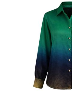 Chemise à manches longues boutonnée dégradé vert émeraude et bleu marine pour femme, chemisier décontracté de bureau, vêtement personnalisé OEM du fabricant - Product Image 3