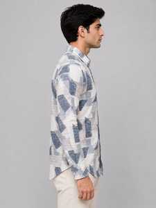 Geometric Print <b>Men's</b> Stand Collar Smart Casual Eco-Friendly Breathable Quick Dry Long Sleeve Button-Up Shirt for Office Wear - Product Image 1