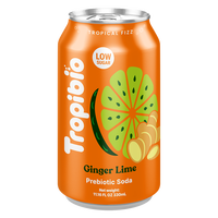 Soda prébiotique Tropibio 330 ml en canette, faible teneur en sucre, saveurs fruitées, boisson gazeuse