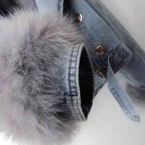Veste de moto en jean pour femme avec col et poignets en fourrure de renard, style moto, courte, épaisse, coupe-vent, manches longues, pour l'hiver - Product Image 3