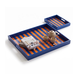 Bandeja Rectangular a Rayas de Laca Azul y Naranja, Juego de 2 Piezas para Mesa de Centro, Plato Decorativo para Servir, Diseño Geométrico Contemporáneo - Product Image 1