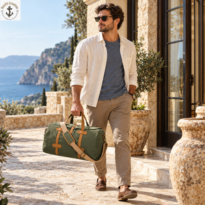 Heritage Olive Canvas Travel Duffel <b>Bag</b> with <b>Tan</b> Strap Details | Classic Large Weekender Carryall with Adjustable Shoulder Strap - Product Image 3