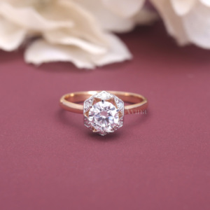Bague de fiançailles vintage en diamant cultivé en laboratoire certifié IGI, halo hexagonal, argent sterling 925 massif, diamant taille ronde - Product Image 1