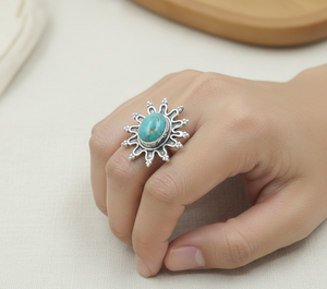 Natural Turquoise Gemstone 925 Sterling <b>Silver</b> Handmade Sunburst Statement <b>Ring</b> Boho Vintage Jewelry Gift For Women Unisex <b>Men</b> - Product Image 3