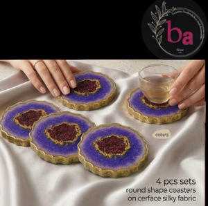 Sous-verres ronds classiques en résine écologique Ba, lot de 4, violet et or, antidérapants - Product Image 1