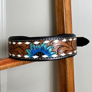 Collar de perro de cuero acolchado hecho a mano con girasol azul Collares de perro resistentes florales hechos a mano de cuero genuino Premium - Product Image 3