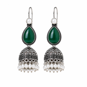 Pendientes Jhumka de Plata Oxidada con Perlas de Piedra Verde Pera, Hechos a Mano, Estilo Étnico Indio, para Mujer, Venta al Por Mayor Directo de Fábrica - Product Image 5
