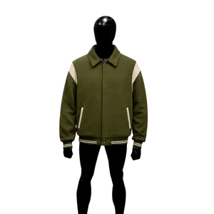 PREMIUME OLIVE GREEN AND CREAM VARSITY <b>JACKET</b> <b>FOR</b> <b>MEN</b> CLASSIC BOMBER <b>BASEBALL</b> STYLE PREMIUM ZIP FRONT CASUAL STREETWEAR URBAN FA - Product Image 1