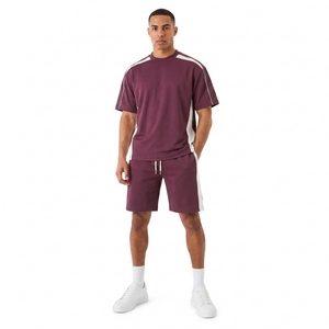 Ensemble T-shirt et short pour homme, couleur bordeaux, col rond, décontracté, été, respirant, tricoté, 100% coton - Product Image 1