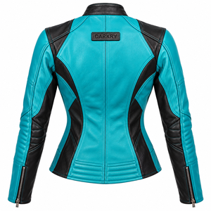 Blouson en cuir bleu sarcelle pour femme, coupe slim, style motard, avec empiècements noirs sur les côtés, col à boutons-pression, poignets zippés, veste de course personnalisée Darkry - Product Image 2