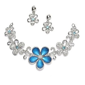 Ensemble collier et boucles d'oreilles en cristal bleu avec motif floral, bijoux romantiques pour femmes, plaqué argent, pour soirée - Product Image 1