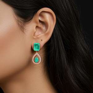 Majestic Designer Gajaah 925 Sterling <b>Silver</b> Royal Emerald Green Gemstone Earrings <b>Set</b> For Women Wedding Party Gift Wear - Product Image 1