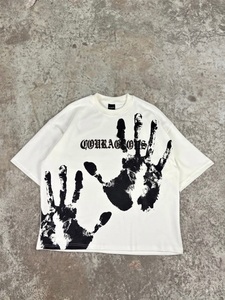 Oversized <b>White</b> Cotton T-Shirt With Black Handprint Pattern Street Style Short Sleeve Men's O-Neck <b>Tee</b> Printed Design - Product Image 1