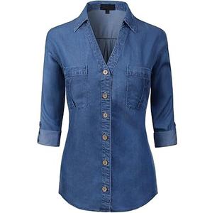 Camisas de mezclilla ajustadas con bolsillo en el pecho, elásticas, con botones, transpirables, al por mayor - Product Image 6