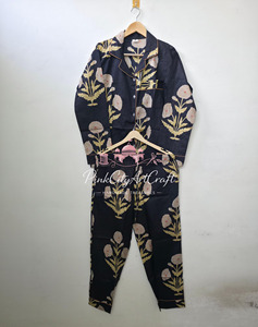 Premium Navy Blue Hand Block Printed Cotton Summer Night <b>Suit</b> Set Women Full-Sleeve Button-Down Shirt Straight-Fit <b>Pyjamas</b> - Product Image 4