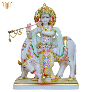 Marble Krishna With Cow Statue | Handcrafted Lord Krishna Gau Mata Murti | White Marble Krishna Idol | MALIYAS - Product Image 2