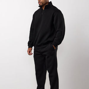 Unisex Black Half-<b>Zip</b> <b>Hooded</b> Sweatshirt Full Sleeve Solid Color Casual Tracksuit 100% Cotton Breathable Winter Wear Regular Fit - Product Image 1