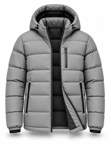Veste matelassée à capuche grise pour homme, imperméable, séchage rapide, coupe-vent, décontractée, fermeture éclair, rembourrage en polyester, longueur normale, couleur unie - Product Image 3