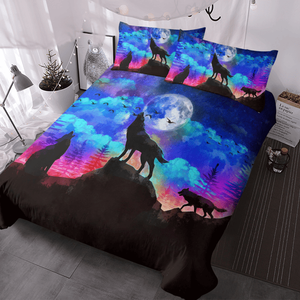 Set Copripiumino 3 Pezzi Lupo Nero Cielo Blu, Luce Lunare e Cielo Notturno, Tema Animali per Amanti della Fauna Selvatica, per Camera da Letto a Tema - Product Image 1